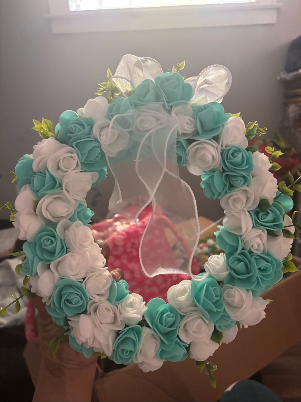 Aqua & White Rose Floral Wreath with Sheer Bow